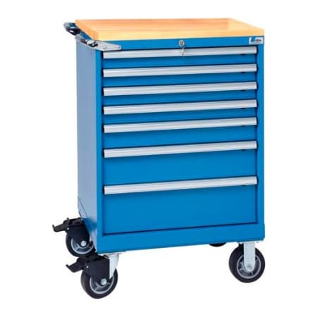 Lista International Lista 7 Drawer 24W Shallow Depth Mobile Cabinet w/Butcher Block -Bright Blue, Individual Lock XSST0750-0701M-BTBBRG